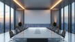 © best stock - Interior of modern office meeting room with grey walls, wooden floor and glass conference table with black chairs and mock up projection screen. 3d rendering