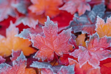 late autumn frost on the ground bright orange maple leaves with a bokeh effect background. canada da