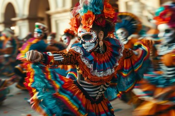 Wall Mural - Dynamic shot of dancers in sugar skull makeup performing at a Day of the Dead festival, with a focus on movement and cultural expression