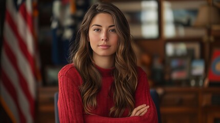 Portrait of a young woman in front of the American flag