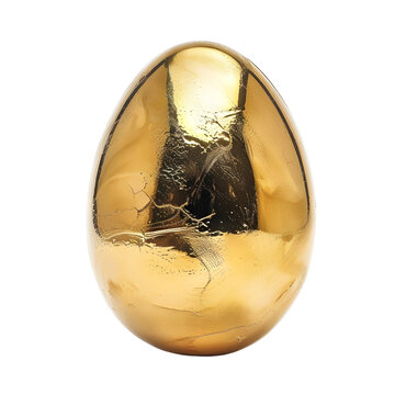 Beautiful one big realistic 3D Easter egg painted on gold with soft shadows isolated on alpha background - high quality greeting card template with amazing shiny surface