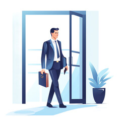 Businessman in blue suit with briefcase entering office door in the style of flat vector illustration on white background