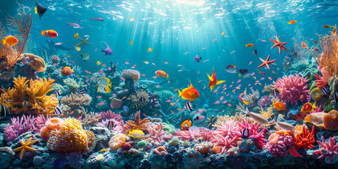 Wall Mural - underwater sea  with clear blue water with sunlight, 
 coral reef teeming with colorful fish and starfish, showcasing the beauty of marine life. 