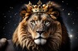 © Faheem - A majestic lion crowned in gold against a starry space backdrop, symbolizing leadership and power. Ideal authority and majesty themes. generative ai