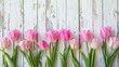 Spectacular Top view of pink tulips on wooden table