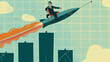 © Mutshino_Artwork - Businessman Riding Rocket Upward with Growth Graph Concept