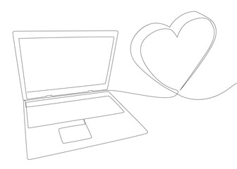 Wall Mural - One continuous line of Laptop with Heart. Thin Line Illustration vector concept. Contour Drawing Creative ideas.