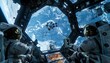 Craft a detailed CG 3D rendering showing astronauts in a comical birds-eye view of Earth, navigating through a virtual reality space mission gone awry