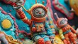 Illustrate a colorful clay sculpture of astronauts in space, experiencing hilarious mishaps with a sci-fi twist