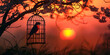 Cage for bird at sunset silhouettes. generative ai 
