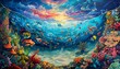 Produce a traditional oil painting showcasing the emotion of musical underwater worlds in a vivid, colorful manner with surreal elements