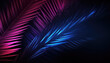 Palm tree branch on black background in neon color ,spring concept
