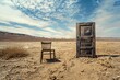 A lone chair facing a large, ominous door in the middle of a vast desert