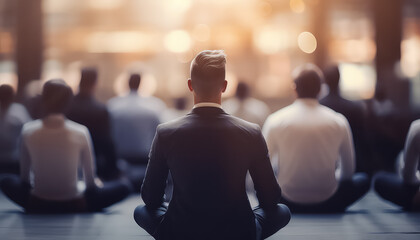 Wall Mural - Group of people in business suits meditating in office ,business concept