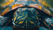 A detailed portrait of a turtle's face, showcasing intricate patterns on its skin.