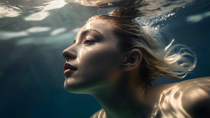 Wall Mural - a woman swims underwater with the sun shining on her face