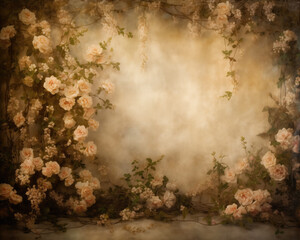 Wall Mural - Roses on a Old Wall. Vintage Background in warm tones with Roses. Grunge background with Flowers. Photo studio backdrop