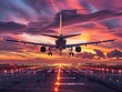 passenger plane fly up over take-off runway from airport at sunset 