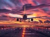 Fototapeta  - passenger plane fly up over take-off runway from airport at sunset 