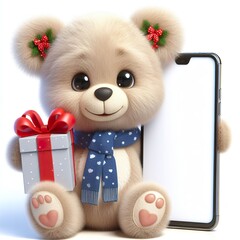  a cute teddy bear holding a gift box with a big blank screen smartphone, funny, happy, smile, christmas, white background