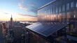 Urban embrace of sustainability as a solar panels graces the rooftop of a NYC building, harnessing clean and renewable energy, while offering views of Manhattan skyline. hyper realistic 