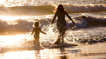 Wall Mural - At the beach, a mother and child chasing the waves, their laughter mingling with the sound of the sea.