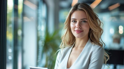 Wall Mural - An office worker stands by the window in the office using a digital tablet and viewing a camera while using a digital tablet