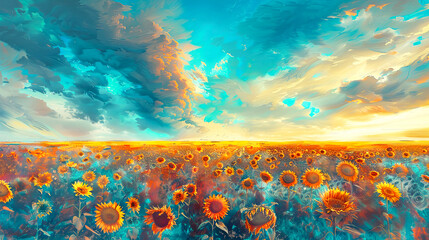 surreal blue and orange sunflower field oil painting. summer banner.