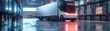 Wide banner of a futuristic electric truck parked in a warehouse with a fully selfdriving system activated for autonomous transport
