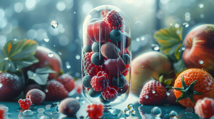 A glass jar filled with a variety of fruits including strawberries, raspberries, and apples. The fruits are arranged in a way that they look like they are inside a pill. Concept of health and wellness