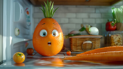 Sticker - A cartoon carrot with a surprised face is sitting on a counter next to a basket of carrots. The scene is set in a kitchen with various fruits and vegetables scattered around