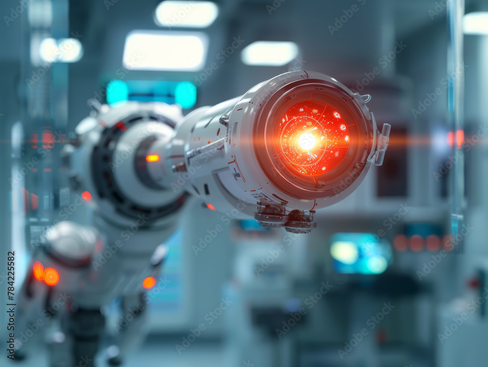 A robot with a red light on its head is in a white room. The robot is ...