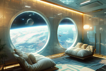 Wall Mural - A room with two beds and a window that looks out to space. The room is decorated with a blue rug and a potted plant