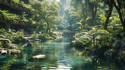 Canvas Print - A lush green forest with a river running through it. The water is clear and calm, and the trees are tall and leafy. The scene is peaceful and serene, with the sound of the water