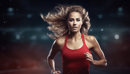 Poster - Woman at the stadium running marathon