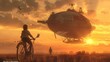 Behold a poignant scene where a  kid rides a bicycle, waving goodbye to an airship at sunset.

