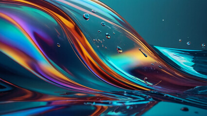 3d render abstract background in nature landscape. Transparent glossy glass ribbon on water. Holographic curved wave in motion. Iridescent design element for banner background,