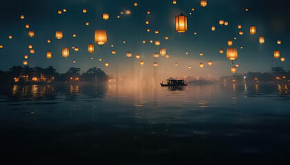 Wall Mural - Lots of beautiful lanterns in the night sky during Diwali in India