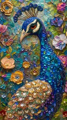 Wall Mural - Elegant peacock in a sequined gown, wearing a crown of emeralds, amidst a lush garden backdrop, illuminated by soft moonlight, emanating grace and allure