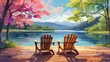 {An artistic interpretation of Adirondack chairs on a wooden deck, inviting relaxation amidst travel, designed for social media post size. The art style is impressionistic, with bold brush strokes and