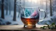 {An artistic interpretation of a warm tea in a glass mug, set against a backdrop of a winter forest view. The art style blends realism with artistic elements, creating a visually appealing and serene 