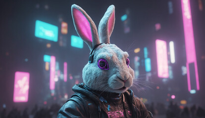 Canvas Print - futuristic neon robotic bunny in the city