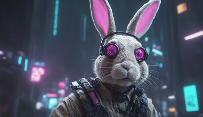 Canvas Print - futuristic neon robotic bunny in the city