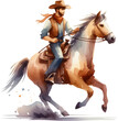 A watercolor painting of a cowboy riding a horse. The cowboy is wearing a hat, a red scarf, and a blue vest. The horse is brown and has a white mane and tail. The cowboy is holding the reins in one ha