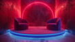 Futuristic neon-lit lounge with velvet armchairs and circular glowing arch. Generative AI