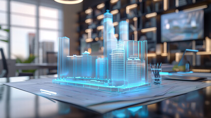 Poster - 3d blue prints of a real estate project on a table in modern office, real estate business 
