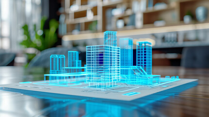 Poster - 3d blue prints of a real estate project on a table in modern office, real estate business 