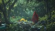 Capture a humorous scene of a person recycling in a superhero cape, surrounded by mischievous animals in a lush forest, in vibrant analog photography