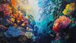 Capture the mystique of underwater realms in a vibrant acrylic painting with a low-angle perspective, emphasizing abstract art techniques Weave in subtle hints of leadership principles through the use
