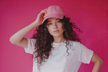 Wall Mural - Portrait of a beautiful girl in a cap on a pink background.